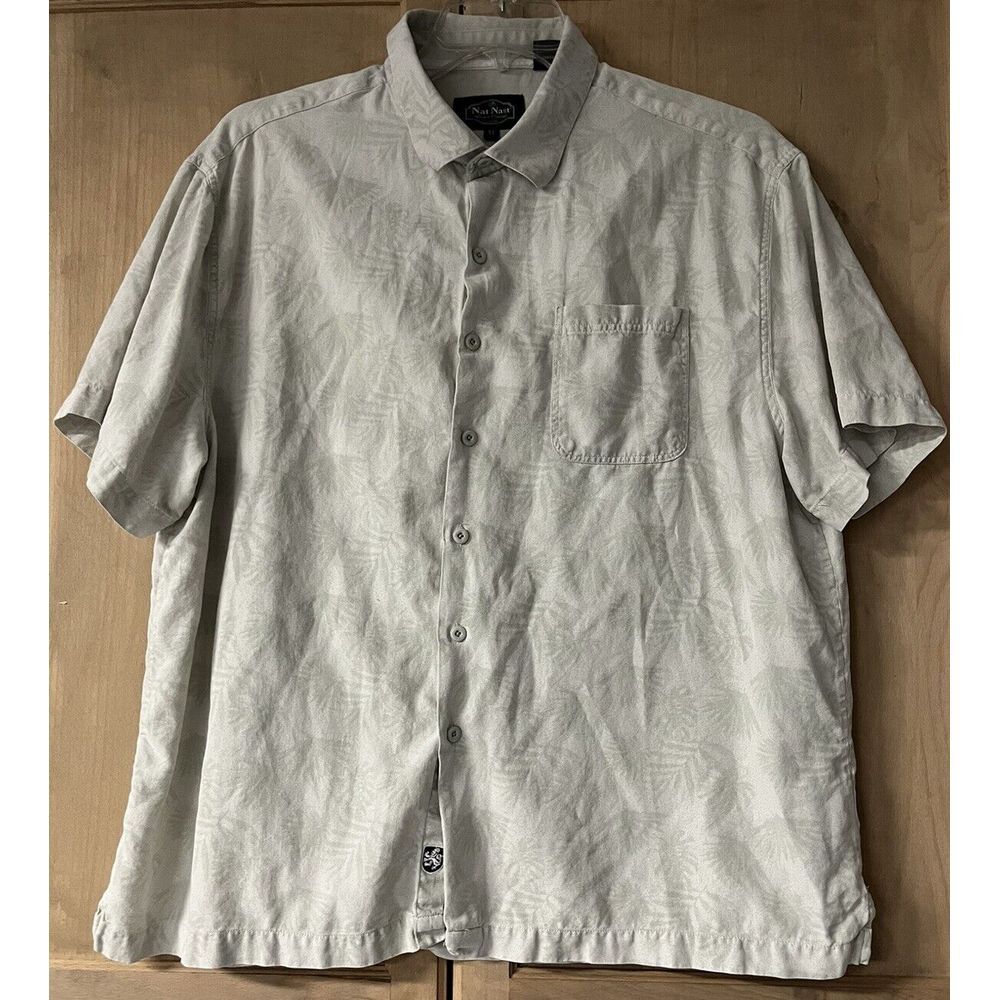 Nat Nast Button‎ Up Shirt Mens XL Beige Silk Cotton Tropical Camp Palm